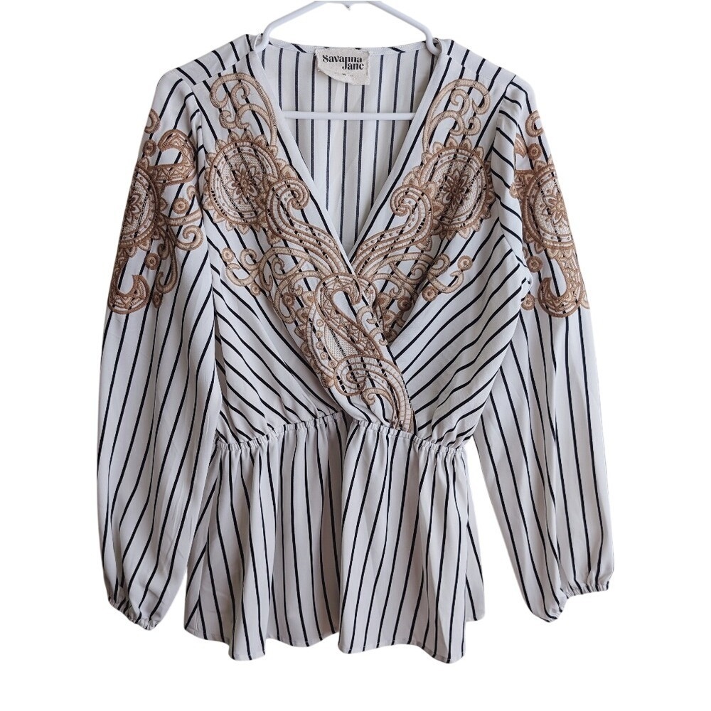 Savanna Jane Boho Chic Artisanal Stripe Floral Embroidered Peplum Long Blouse